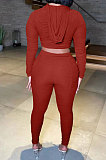 Black Women Fashion Pure Color Ribber Ruffle Zipper Hooded Casual Pants Sets AMN8032-1