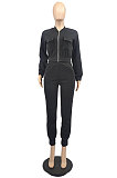 Black Simple Women's Long Sleeve Zip Front Coat Trousers Solid Color Sports Sets MTY6609-1