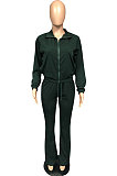 Dark Green Casual Solid Color Long Sleeve Zipper Loose Coat Mid Waist Flare Pants Sports Sets WA7115-3