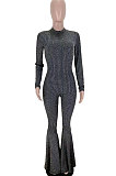 Golden Fashion Stripe Bright Side Long Sleeve O Neck Collect  Waist Plain Color Flare Jumpsuits CL6039-1