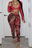 Rose Red Sexy Club Long Sleeve Low-Cut  Bandage Crop Tops Printing Skinny Pants Sets S66317-5