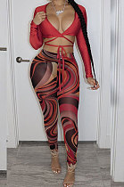 Red Sexy Club Long Sleeve Low-Cut  Bandage Crop Tops Printing Skinny Pants Sets S66317-3