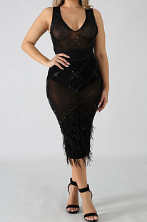 Black Women Mesh Spaghetti Hot Drilling Chicken Feather Perspectivity Sexy V Collar Sleeveless Mid Dress CCY8105-2