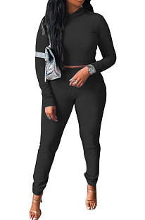 Black Women Pure Color Long Sleeve Hoodede Tops Bodycon Pants Sets ANK06029-3