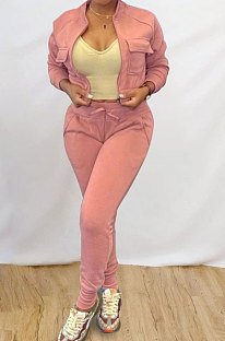 Pink Simple Women's Long Sleeve Zip Front Coat Trousers Solid Color Sports Sets MTY6609-2