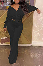 Black Fashion Pure Color Ribber Loose Bowknot Casual Pants Sets AMN8029-4