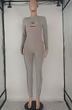 Grey Wholesale Women's Long Sleeve O Neck Hole Slim Fitting Lock Seam Bodycon Jumpsuits SDE29132-4