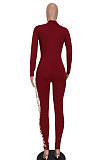 Wine Red Women Pure Color Sexy Chain Long Sleeve Zipper Hollow Out Bodycon Jumpsuits ED1065-2