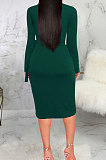 Green High Quality Long Sleeve V Neck Slim Fitting Plain Color Business Dress SMR10276-1
