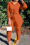 Brown Casual New Long Sleeve Zipeer Loose Tops Skinny Pants Plain Color Sets MOM8029-9