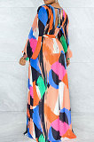 Multicolor Printing New Long Sleeve V Neck Slim Fittting Swing Long Dress YNS1670
