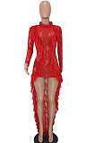 Red Women Long Sleeve Lace Ruffle Collar Irregular Perspectivity Pure Color Ankle Dress ED1070-1