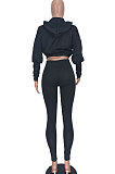 Coffee Women Pure Color Long Sleeve Fashion Sexy Dew Waist Hooded Tops Sport Pants Sets ED8534-4