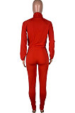 Brown Casual New Long Sleeve Zipeer Loose Tops Skinny Pants Plain Color Sets MOM8029-9