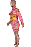 Pink Design Printing Long Sleeve Zip Front Slim Fitting Hip Dress MOM8025