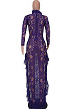Balck Women Long Sleeve Lace Ruffle Collar Irregular Perspectivity Pure Color Ankle Dress ED1070-3