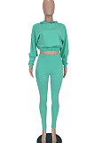 Lake Green Women Pure Color Long Sleeve Fashion Sexy Dew Waist Hooded Tops Sport Pants Sets ED8534-5