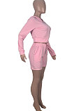Pink Wholesale Women's Long Sleeve Zipper Hooded Tops Shorts Solid Color Sport Sets MOM8042-2