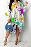 White Women Trendy Lower Hem Drawsting Palm Printing Single-Breasted Turn-Down Collar T Shirt/Shirt Dress GHH072