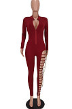 Black Women Pure Color Sexy Chain Long Sleeve Zipper Hollow Out Bodycon Jumpsuits ED1065-1
