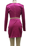 Rose Red Night Club New Long Sleeve Back Zip Crop Tops Split Skirts Plain Color Sets SMR10433-1