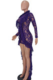 Purple Women Long Sleeve Lace Ruffle Collar Irregular Perspectivity Pure Color Ankle Dress ED1070-2