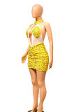 Yellow Euramerican Women Sexy Club Backless Perspectivity Sequins Crop Hip Mini Dress CCY9322-1