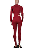 Wine Red Euramerican Women Solid Color Dew Waist Sexy High Waist Bodycon Jumpsuits BYQ1037-2