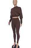 Black Women Pure Color Long Sleeve Fashion Sexy Dew Waist Hooded Tops Sport Pants Sets ED8534-1