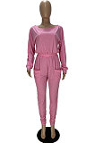 Pink Casual Pure Color Long Sleeve Loose Collect Waist Jumpsuits XUY9118-2