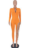 Orange Women Pure Color Sexy Chain Long Sleeve Zipper Hollow Out Bodycon Jumpsuits ED1065-3