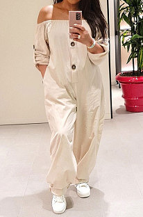 White Sexy Fat Women's A Wrod Shoulder Long Sleeve Button Front  Jumpsuits PQ8061-2