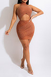 Black Women Sexy Hollow Out Halter Neck Hot Drilling Hip Bodycon Mid Waist Mini Dress CCY9349-3