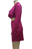 Rose Red Night Club New Long Sleeve Back Zip Crop Tops Split Skirts Plain Color Sets SMR10433-1