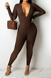 Black Women Sexy Deep V Collar Pure Color Bodycon Jumpsuits BYQ1036-1