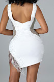 White Women Sleeveless Fashion Sexy V Collar Backless Perspectivity Tassel Bling Bling Hip Mini Dress CCY9282-2