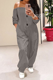 Grey Sexy Fat Women's A Wrod Shoulder Long Sleeve Button Front  Jumpsuits PQ8061-1