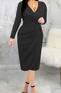 Black High Quality Long Sleeve V Neck Slim Fitting Plain Color Business Dress SMR10276-2