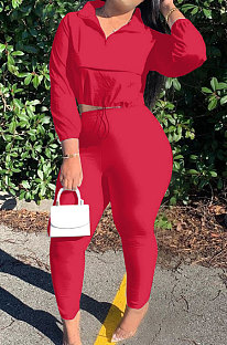 Red Casual New Long Sleeve Zipeer Loose Tops Skinny Pants Plain Color Sets MOM8029-3