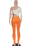 Orange Sexy Solid Color Single Sleeve Dew Waist Tied Tight Mid Waist Bodycon Jumpsuits ED1069