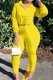 Orange Casual New Long Sleeve Zipeer Loose Tops Skinny Pants Plain Color Sets MOM8029-1