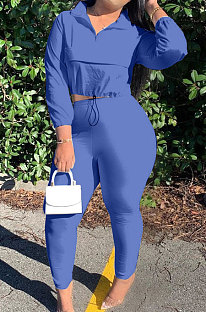 Blue Casual New Long Sleeve Zipeer Loose Tops Skinny Pants Plain Color Sets MOM8029-2