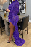Purple Women Long Sleeve Lace Ruffle Collar Irregular Perspectivity Pure Color Ankle Dress ED1070-2