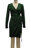Green High Quality Long Sleeve V Neck Slim Fitting Plain Color Business Dress SMR10276-1