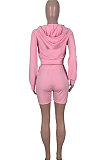 Blue Wholesale Women's Long Sleeve Zipper Hooded Tops Shorts Solid Color Sport Sets MOM8042-1