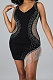 Black Women Sleeveless Fashion Sexy V Collar Backless Perspectivity Tassel Bling Bling Hip Mini Dress CCY9282-1