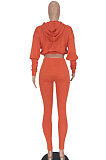 Rose Red Women Pure Color Long Sleeve Fashion Sexy Dew Waist Hooded Tops Sport Pants Sets ED8534-3