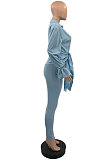 Light Grey Blue New Ruffle Sleeve Lapel Neck Shirts Skinny Pants Solid Color Sets PQ8062