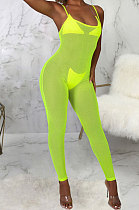 Green Sexy Mesh See-Through Condole Belt Slim Fitting Jumpsuits SMR10540-1