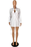 White Sexy Long Sleeve Lapel Neck Drawsting Plain Color Shirts Dress YNS1676